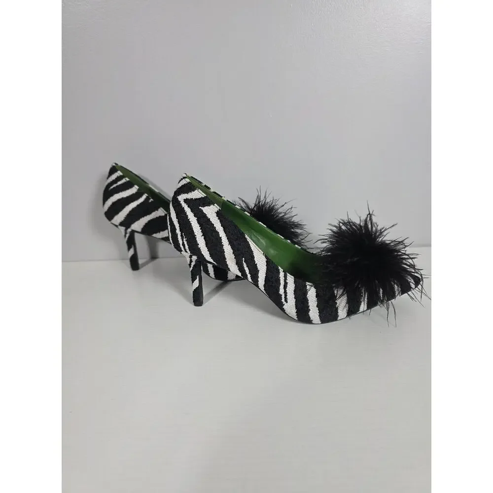 Kate Spade New York Marabou Zebra Tweed Pumps Womens 9 Designer Heels Statement - Picture 6 of 8